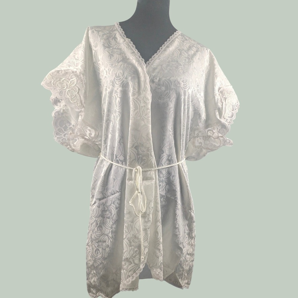 Val Mode Lingerie White Satin Floral Jacquard Lace Flutter Sleeve Robe M USA